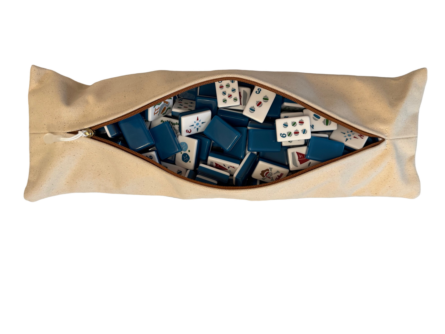 Open beige pouch filled with assorted playing cards on a marble surface