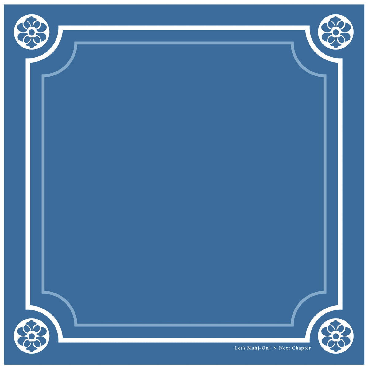 A square blue graphic with a white decorative border, four floral corner motifs, and small text at the bottom reading 'Let's Make One: X Next Chapter'.