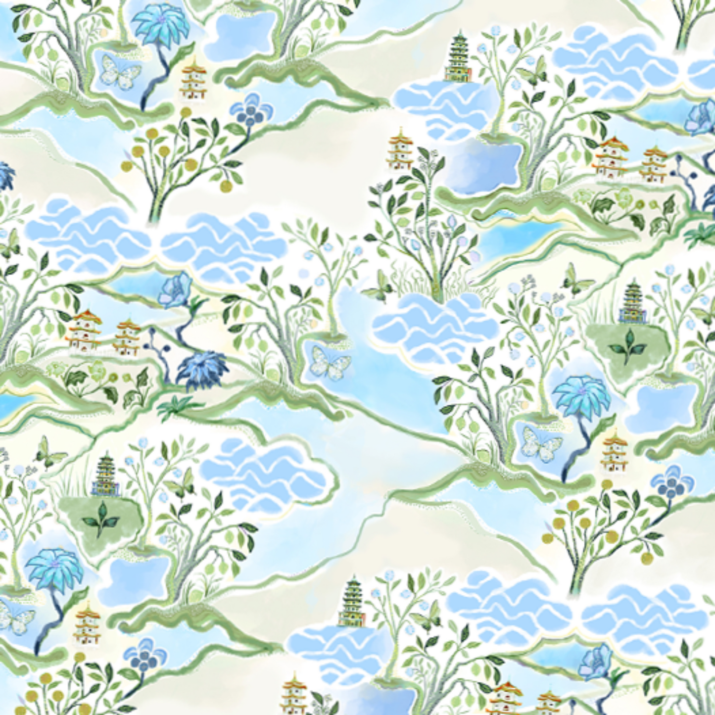 Blue Pagoda Scalloped Square Tablecloth