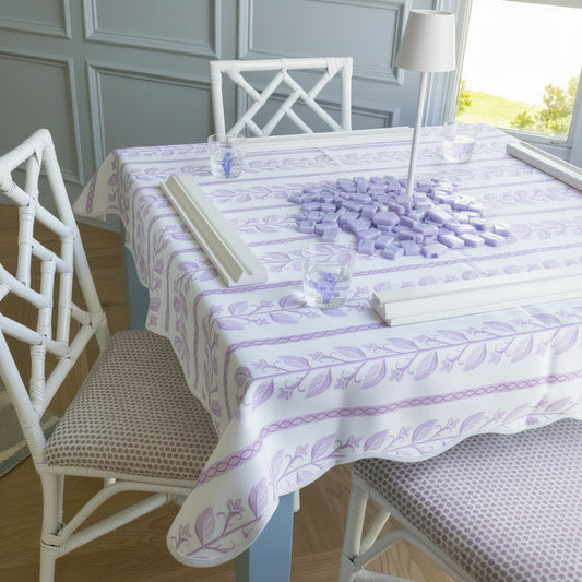 Lilac Botanical Stripe Scalloped Tablecloth
