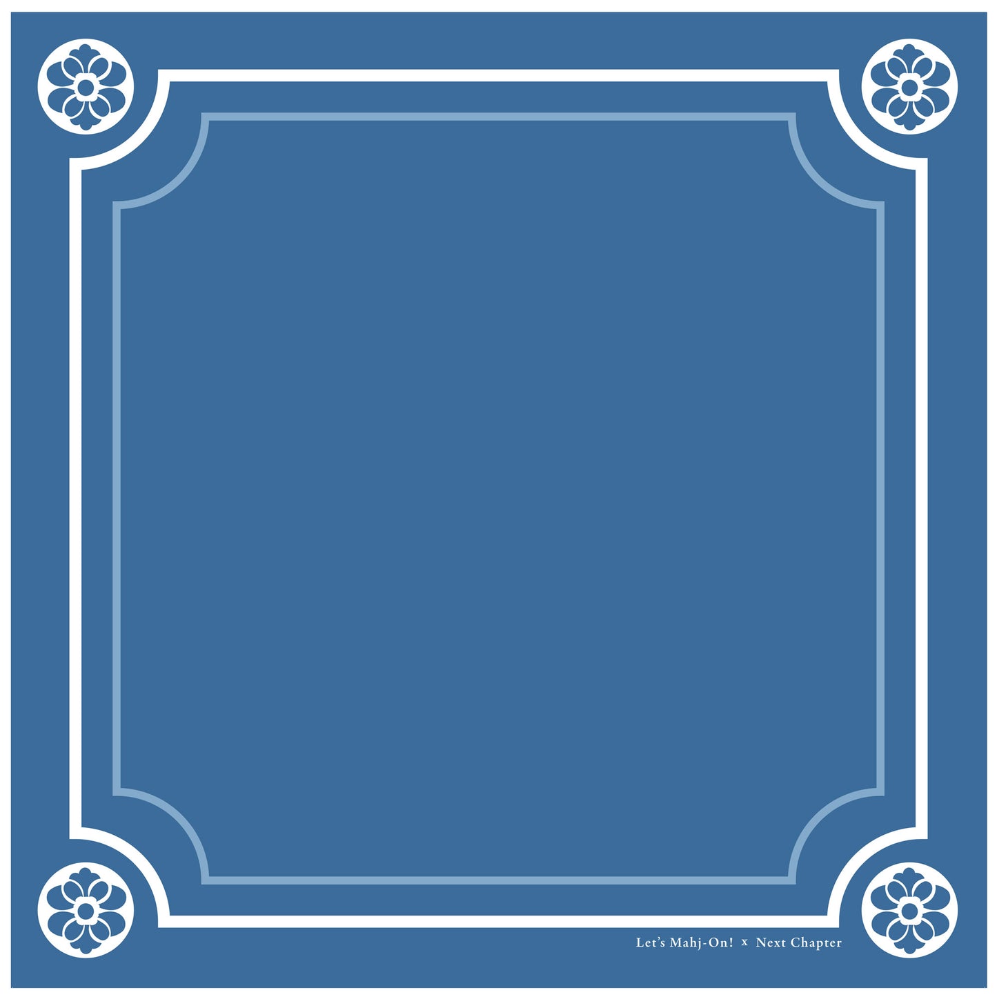 A square blue graphic with a white decorative border, four floral corner motifs, and small text at the bottom reading 'Let's Make One: X Next Chapter'.