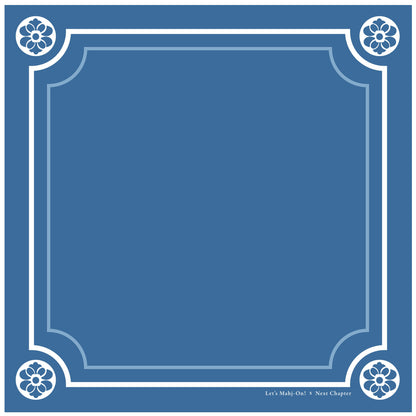 A square blue graphic with a white decorative border, four floral corner motifs, and small text at the bottom reading 'Let's Make One: X Next Chapter'.