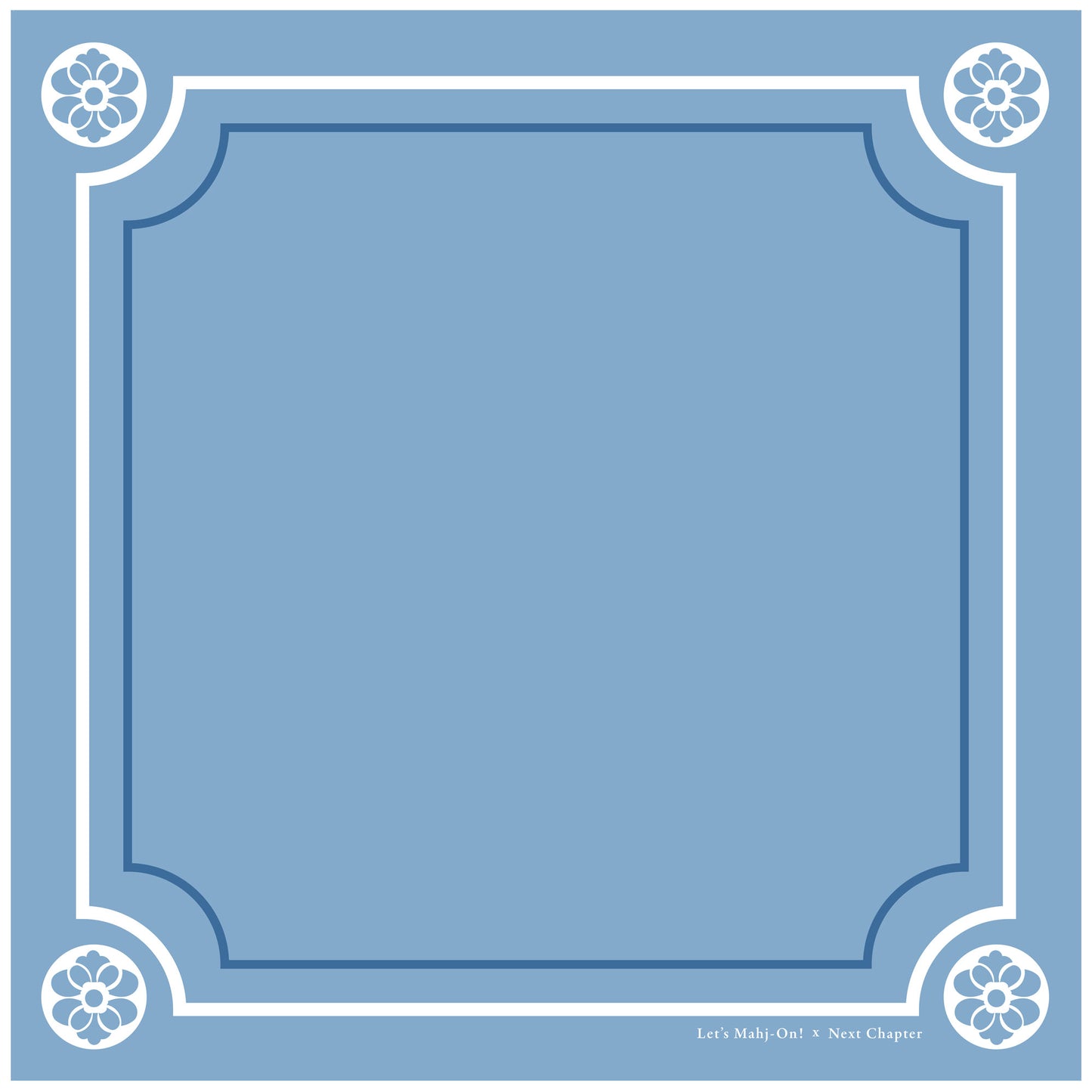A square blue graphic with a decorative border, featuring a large blank central panel and small text at the bottom right that reads 'Let's Mahj-On x Next Chapter