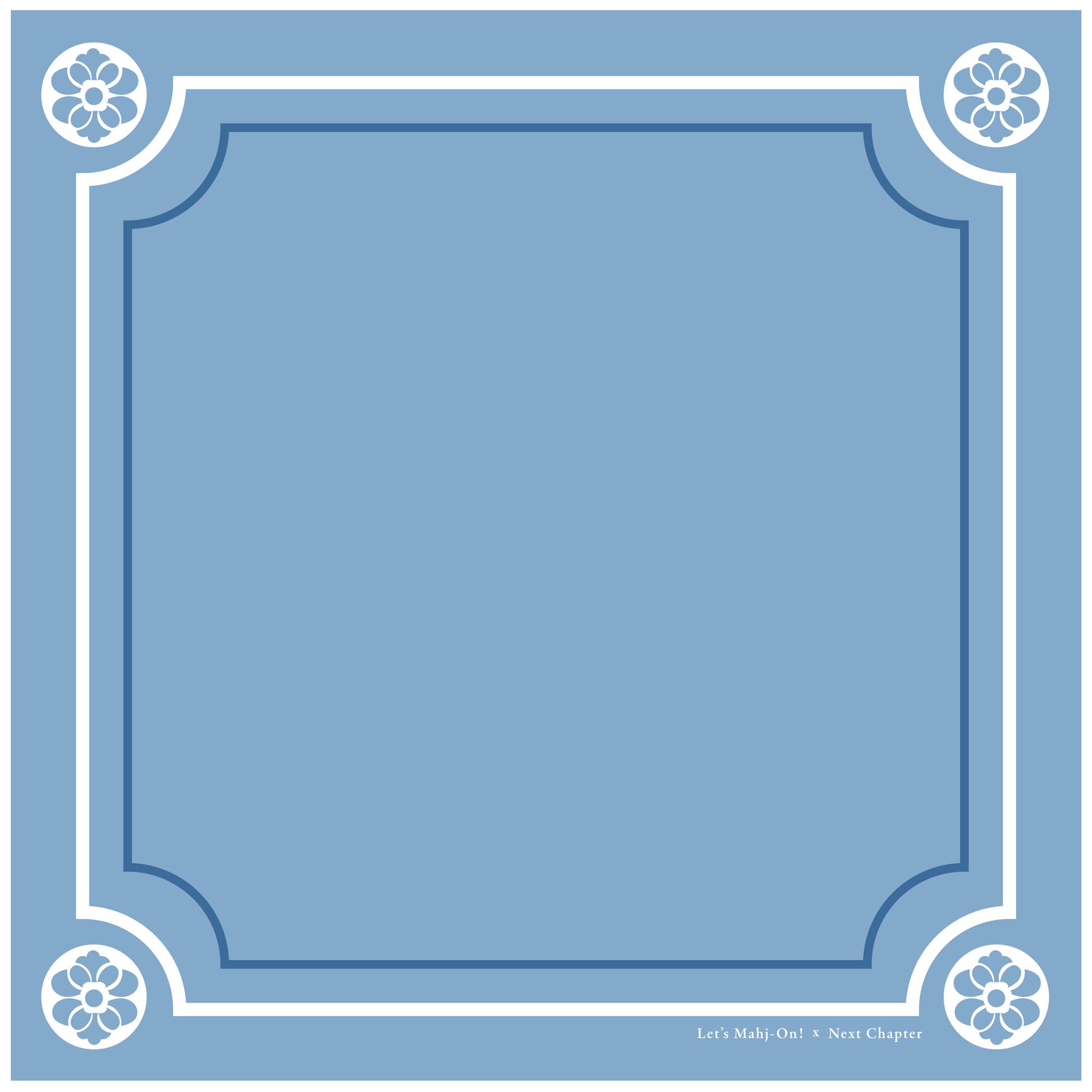 A square blue graphic with a decorative border, featuring a large blank central panel and small text at the bottom right that reads 'Let's Mahj-On x Next Chapter