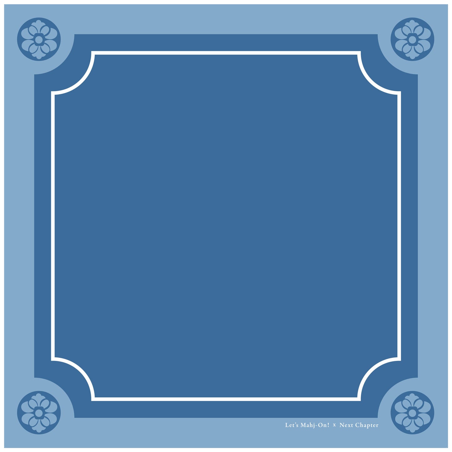 A square blue decorative frame design with ornate corner floral motifs and a white inner border, on a light blue background. Small text at the bottom reads 'Let's Mahj-on x Next Chapter 