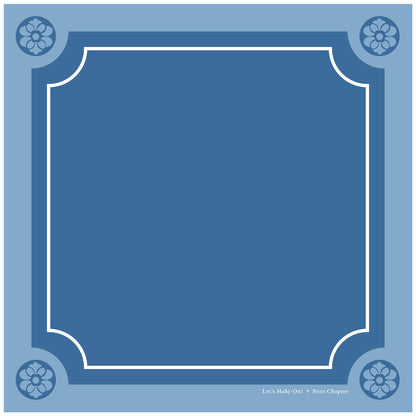 A square blue decorative frame design with ornate corner floral motifs and a white inner border, on a light blue background. Small text at the bottom reads 'Let's Mahj-on x Next Chapter 