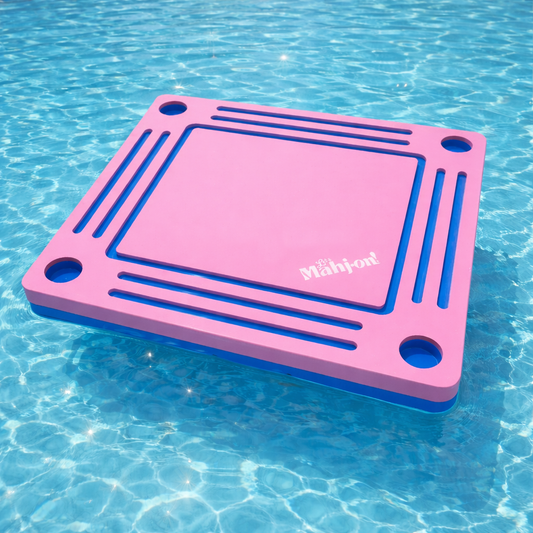 Let's Mahj on Floating Table in Pool Pink with Blue Accents