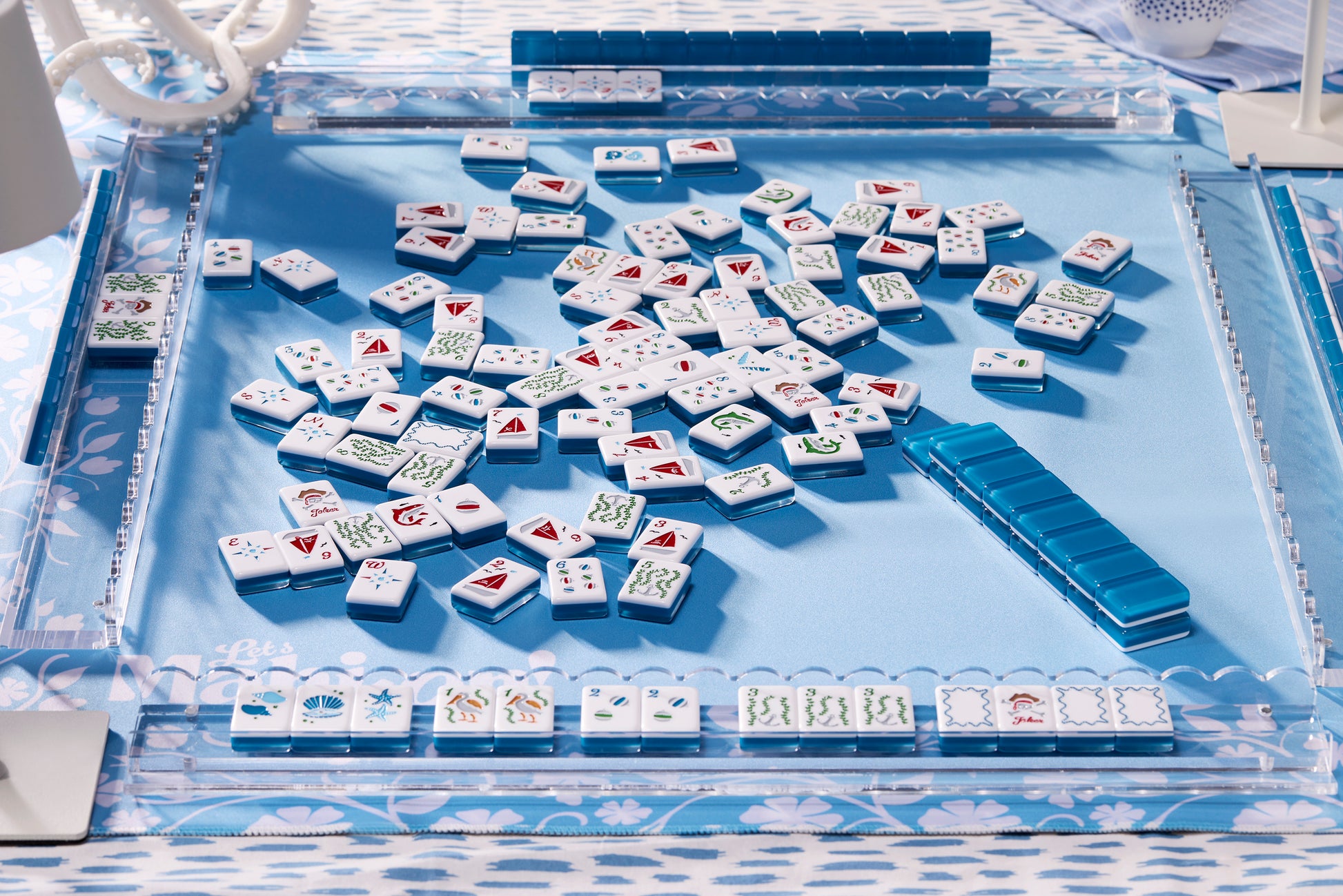 Let's Mahj-On  Nautical mahjong game tile set on tablescape